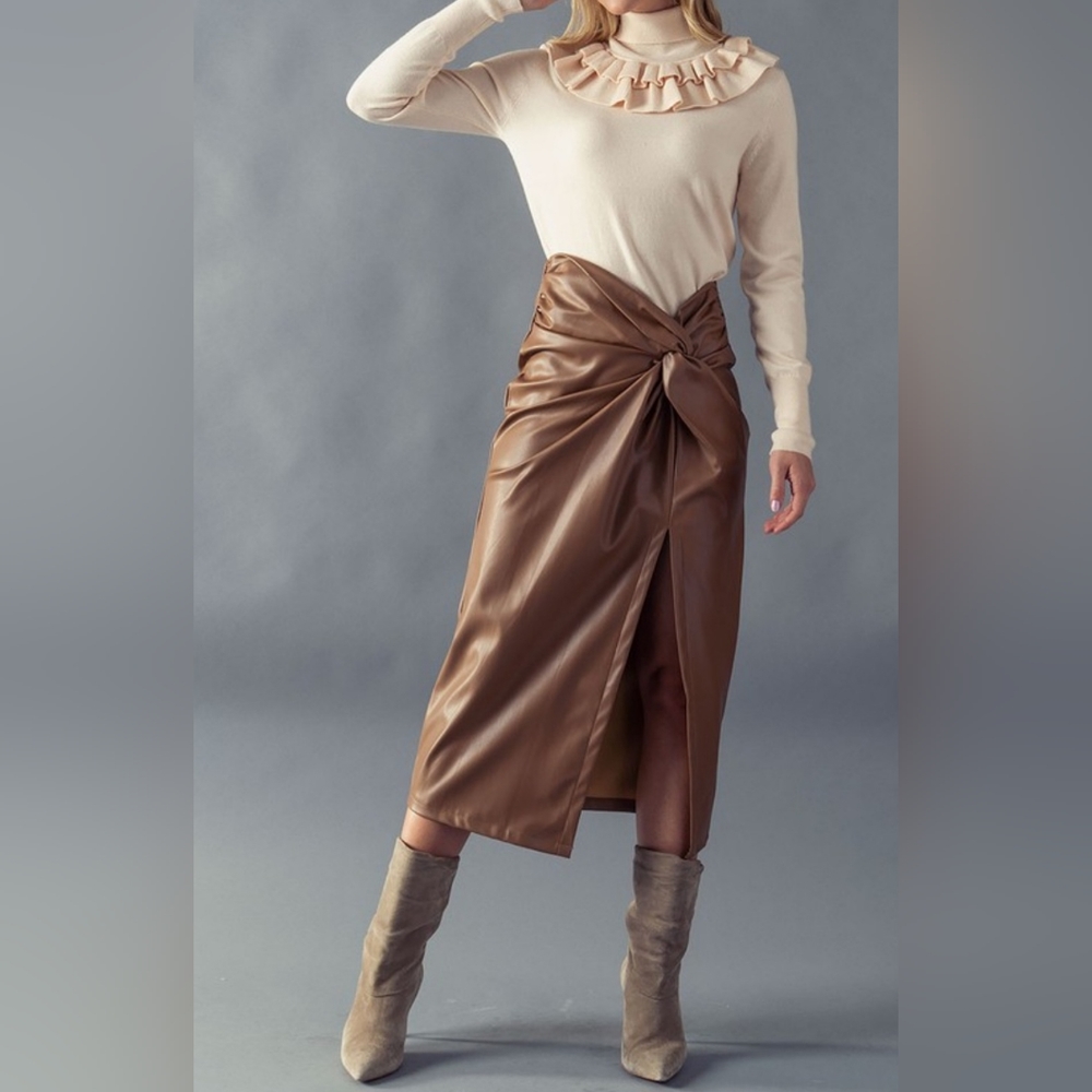 #18324 🛑S BOHO SEXY VEGAN LEATHER KNOTTED SIDE SLIT LONG SKIRT - Picture 4 of 7